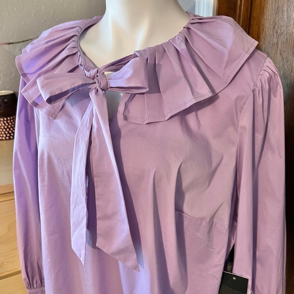 Eloquii Purple Poplin Pleated Collar Bow Top - Picture 3 of 12